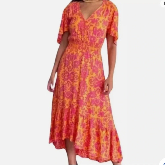 Anthropologie Paisley Print Hi Low Flutter Sleeve Midi Maxi Dress Size 10 Flowy - Picture 8 of 8